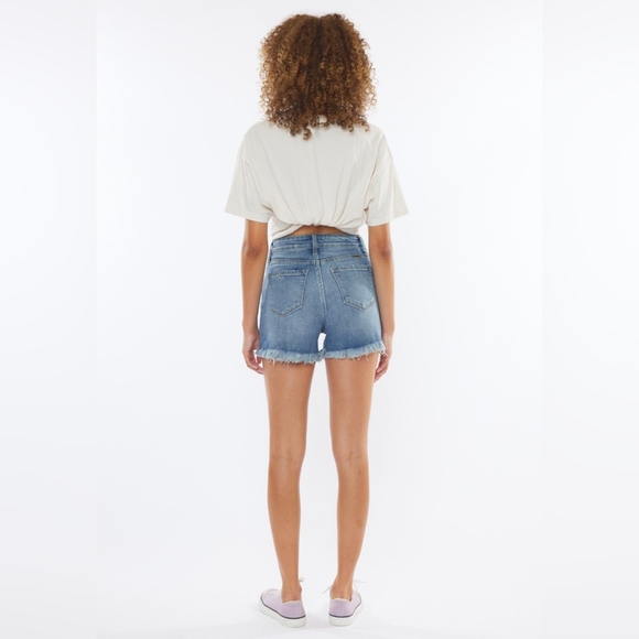KanCan High Rise Waist Distressed Torn Denim Cut-off Frayed Hem Blue Jean Shorts - Picture 9 of 15